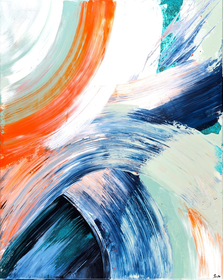 Changeofview-Acryliconcanvas-80x100-SusanneLinke Acrykgemälde im Farbspektrum orange, blau und grün