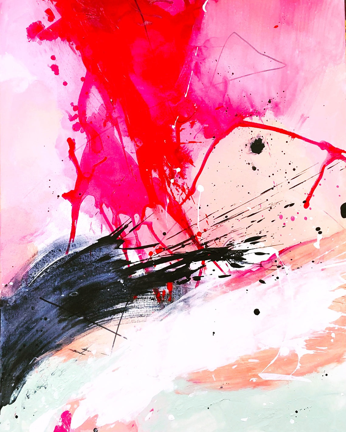 Loveisabattlefield-Acryliconcanvas-70x90cm-SusanneLinke Kunst aus Acryl in den Farben rosa, rot und schwarz