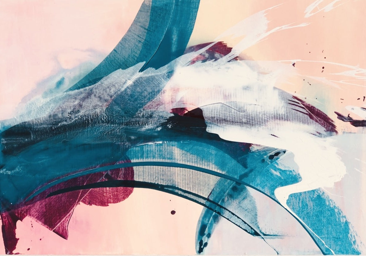 Loveisneverwasted-Acryliconcanvas-70cm-100-SusanneLinke Acrlgemälde in blau, rosa und orange