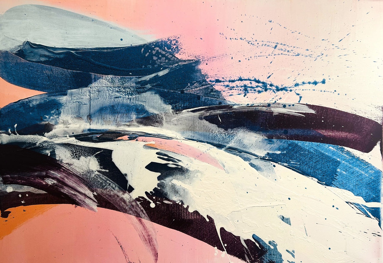 Thespiritofjapanespoetry-Acryliconcanvas-70x100-SusanneLinke abstrakte Malerei in unten Farben blau, rosa, orange und beige