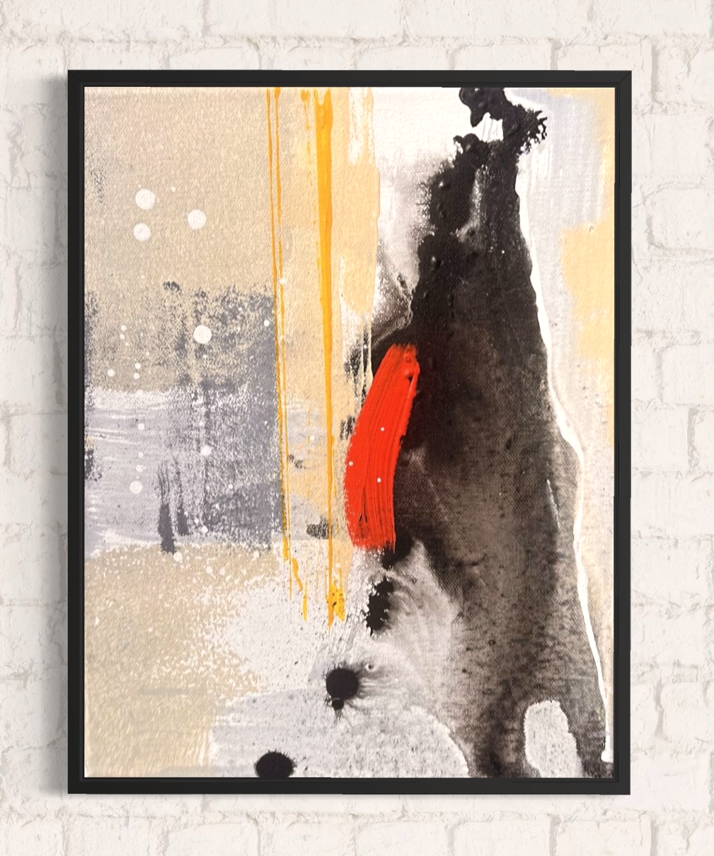WalkthroughBarcelonaII-Acryliconcanvas-24x30cm-SusanneLinke abstrakte Kunst auf Leinwand in orange, rot und schwarz